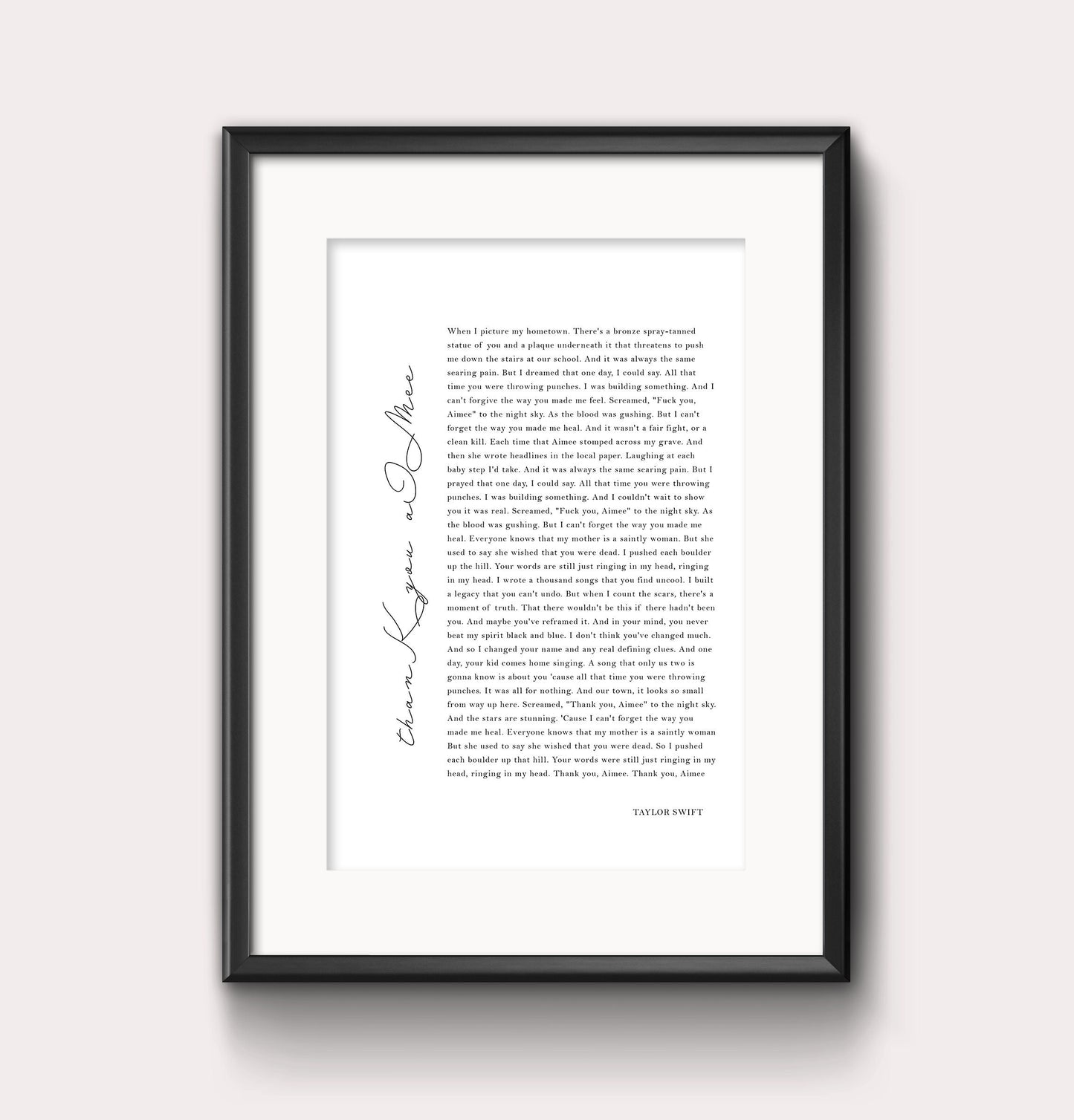 thanK you aIMee lyric print - tortured poets - Digital Print