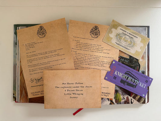 HP replica back to school package - acceptance letter, train and bus tickets