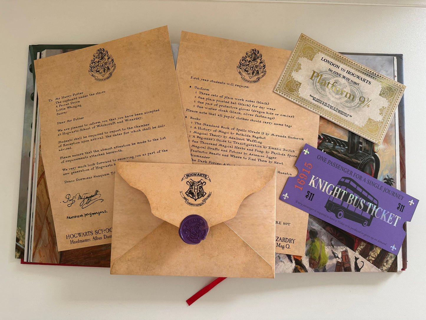 HP replica back to school package - acceptance letter, train and bus tickets