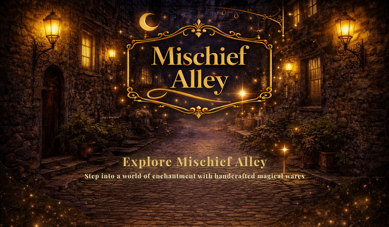 Wizard-inspired magical shopfront alley with fantasy gifts and decor