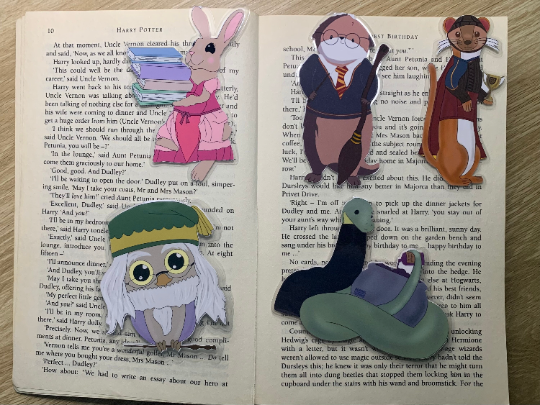 Wizarding pun character animal stickers and/or magnetic bookmarks - Harry, Albus, Ron, Hermione, Snape