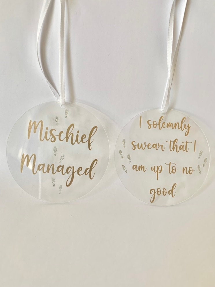 Wizarding HP Christmas ornament pair - i solemnly swear and mischief managed