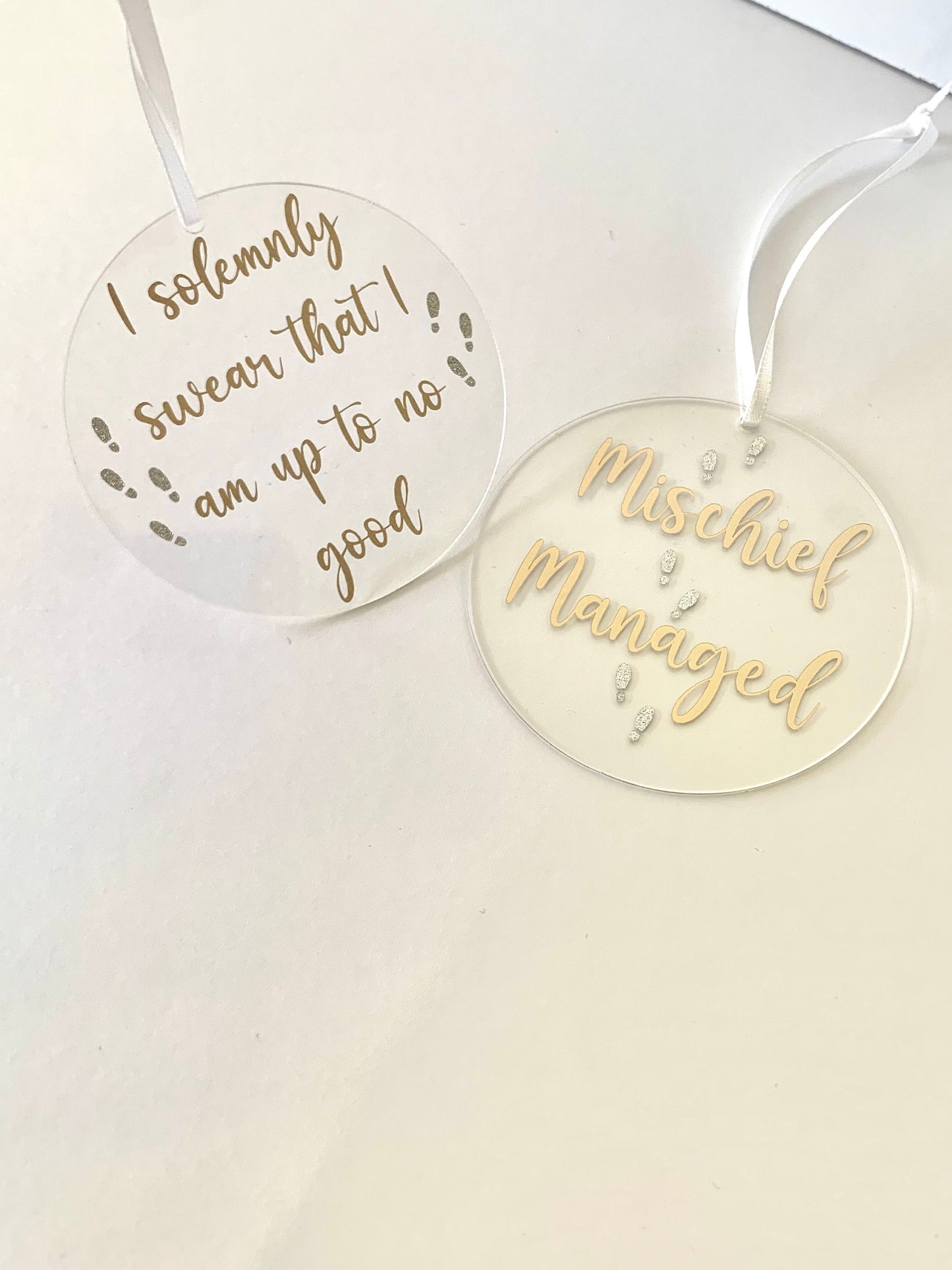 Wizarding HP Christmas ornament pair - i solemnly swear and mischief managed